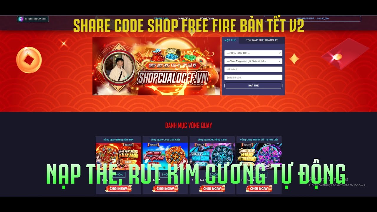  CODE SHOP FREE FIRE CÓ VÒNG QUAY, NẠP THẺ AUTO, RÚT KIM CƯƠNG AUTO QUA API - TeemeG